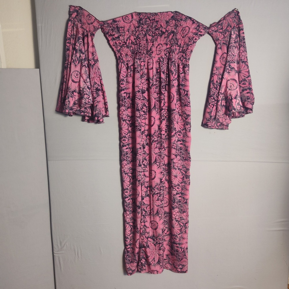 Karma Highway Pink Floral Smocked Off Shoulder Bell Sleeve Maxi Dress One Size
